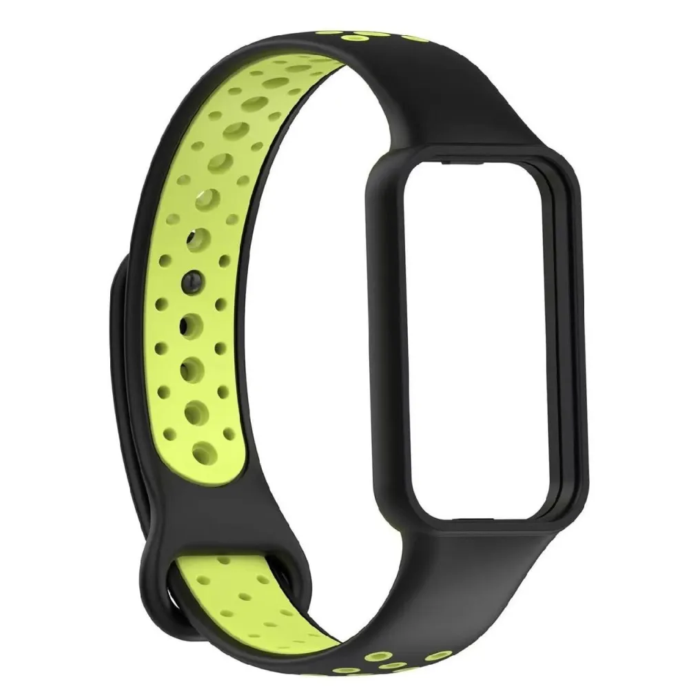 MULLER szilikon szíj okosórához, Xiaomi Smart MiBand 8 Active és Redmi Smart Band 2-vel kompatibilis, Nike kompatibilis modell, fekete neonzölddel