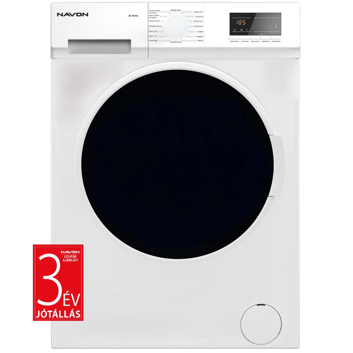 Navon BF 7B WD mosó-szárítógép, 7kg mosó kapacitás, 5kg szárító kapacitás, 1200 fordulat/perc, D energiaosztály, Fehér