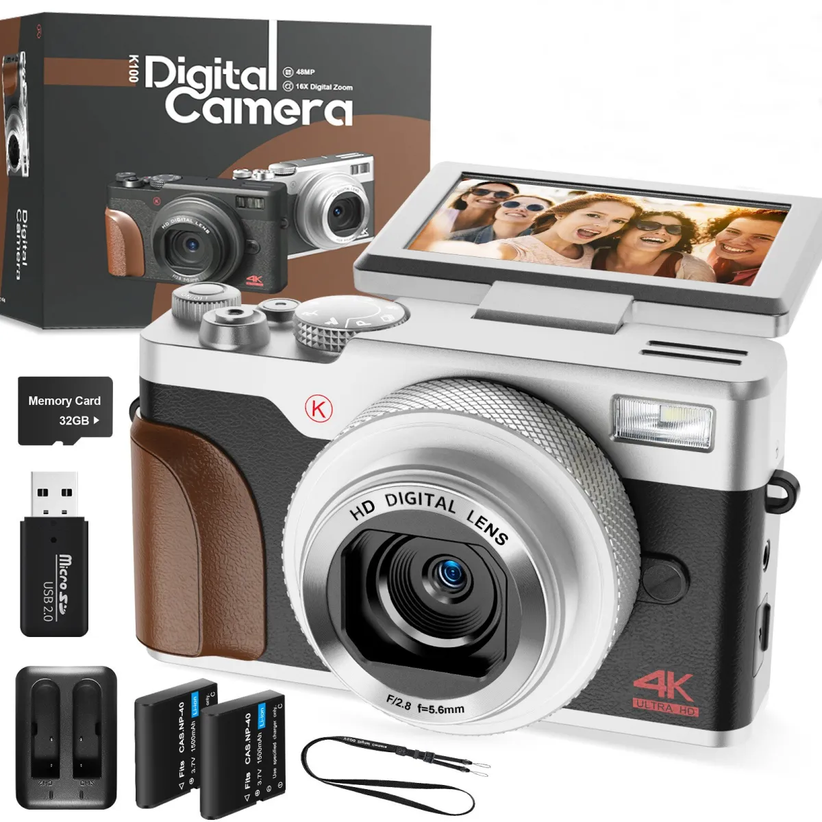 NBD® digitális fényképezőgép, 4K, 48 MP, 16X digitális zoom, 3,0", 32 GB-os SD-kártya, ezüst