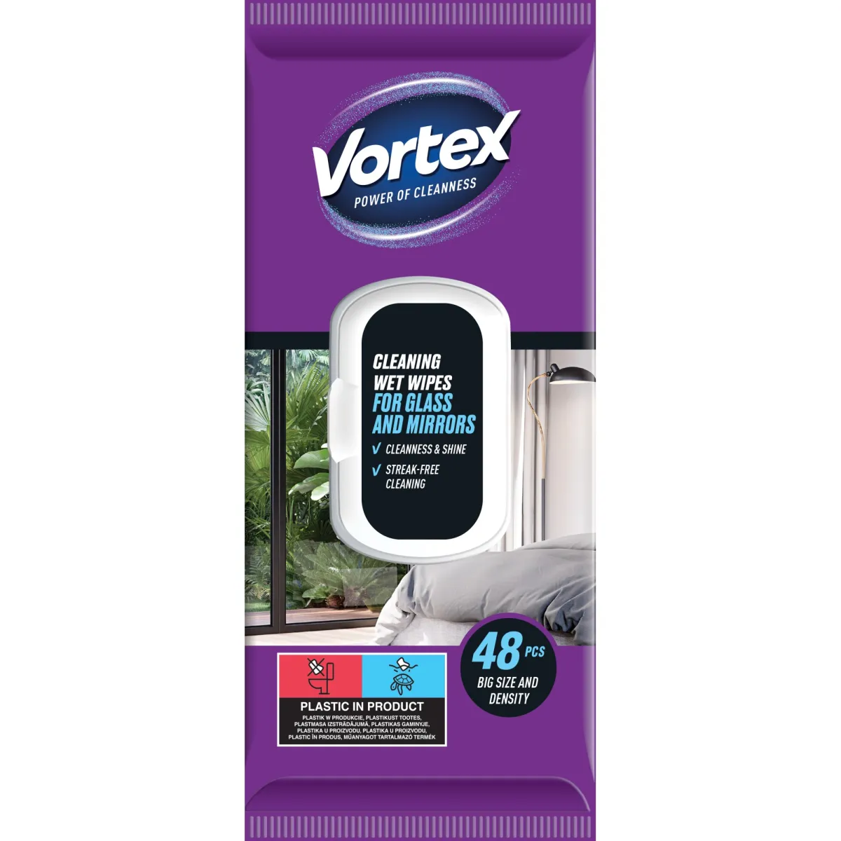 Nedves törlőkendő háztartási használatra, flip top, 48 db, ÜVEG és TÜKÖR, VORTEX