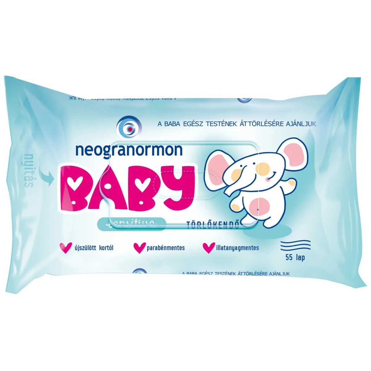NEOGRANORMON Törlőkendő, Sensitive, 55 lap