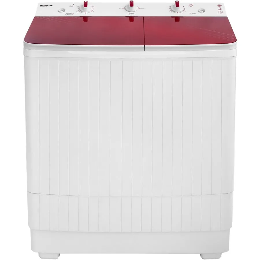 Nobeltek félautomata mosógép, 7 kg-os mosás, 3 kg-os centrifugálás, 300W-os mosás, 148W-os centrifugálás, mosási idő 0-15 perc, centrifugálási idő 0-5 perc, szennyvíz elvezetés: szabadeséssel, testszín Fehér, fedél Glass Line Piros