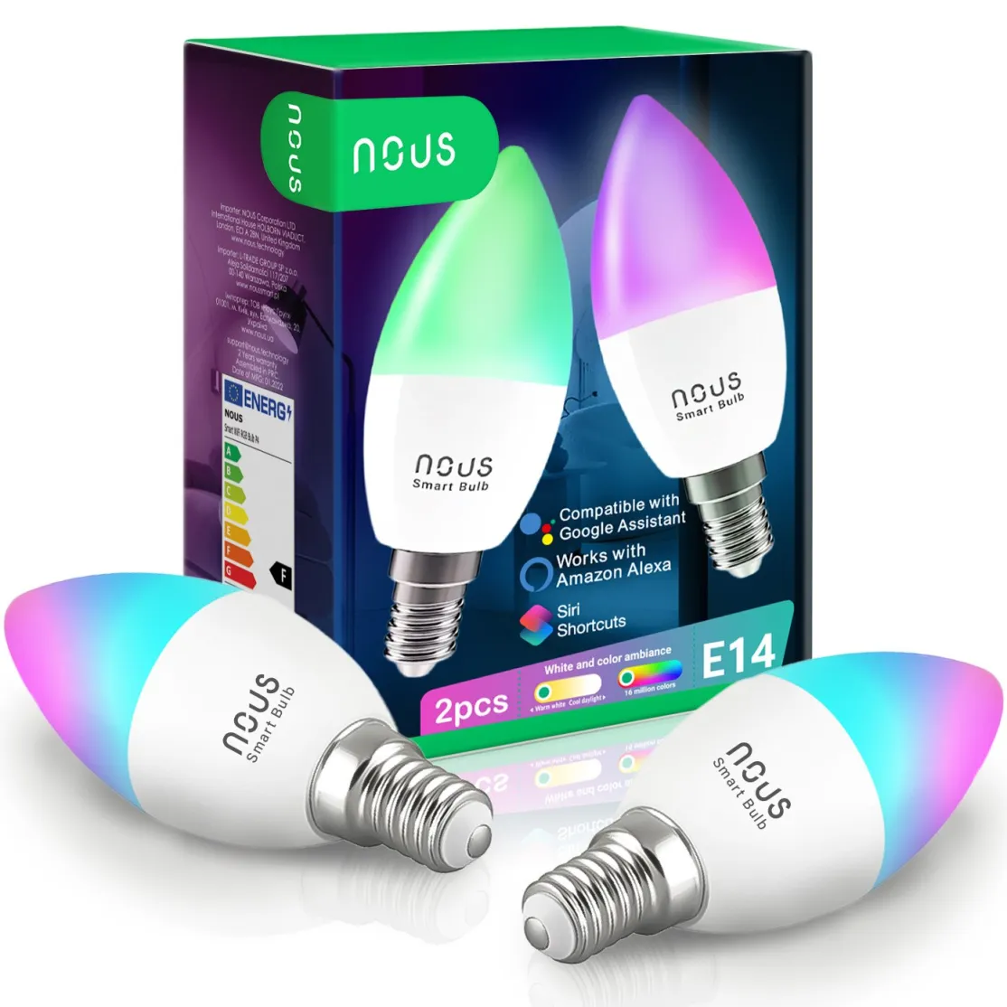 Nous P4 Intelligens RGB LED izzó készlet, 2 db, Wi-Fi, E14, 4.5W, 380 lm, Hangutasítás, Fehér és színes fény (2700-6500K)