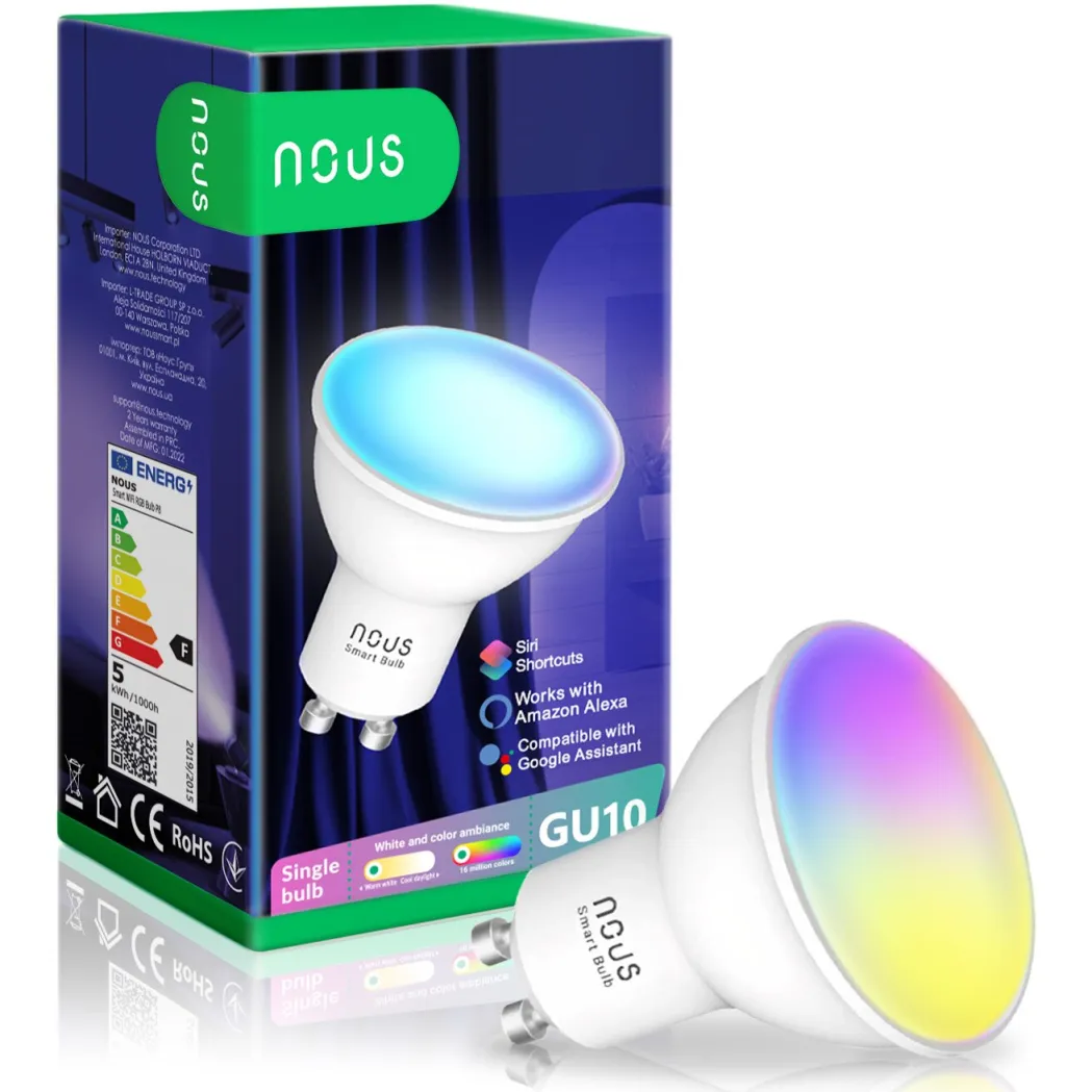 Nous P8 Intelligens RGB LED izzó, Wi-Fi, GU10, 4,5 W, 350 lm, Fehér + színes fény (2700-6500K), Alkalmazás vezérlés, Google Home/Amazon Alexa kompatibilis, F energiaosztály