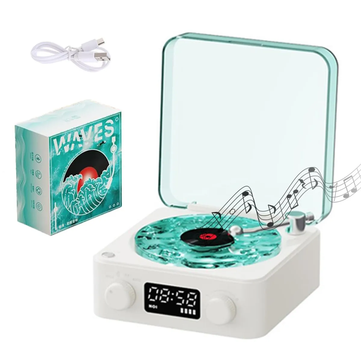 Ocean Wave stílusú magával ragadó Bluetooth hangszóró, vintage vinil lemezlejátszó megjelenés, RGB állítható környezeti világítás, újratölthető, hordozható, WALALLA, fehér