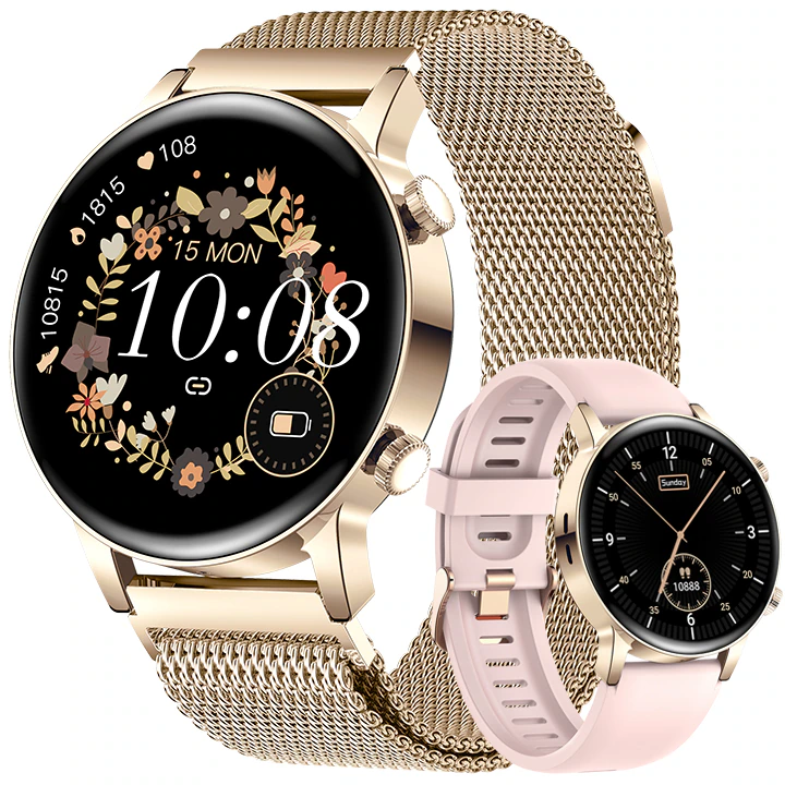Okosóra Ultra AMOLED WiX™ Call 1.3” Always ON Display, Bluetooth Hívás, HD Sound, 24/7 Fitness Tracker, Egészségügyi megfigyelés, Fém és szilikon öv, Miami Gold Rose