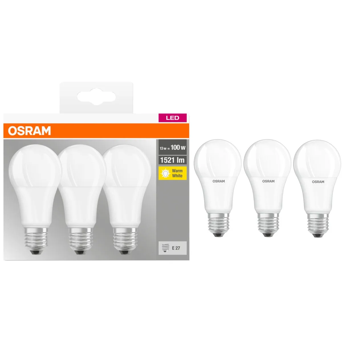 Osram A100 LED izzókészlet, 3 darab, E27, 14W (100W), 1521 lm, matt, Meleg fény 2700K