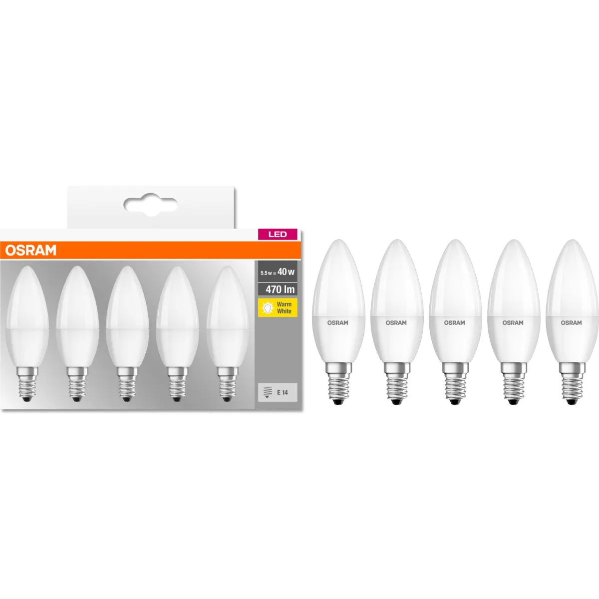 Osram Base Classic B40 LED izzókészlet, 5 db, E14, 5,5W (40W), 470 lm, meleg fényű (2700K)