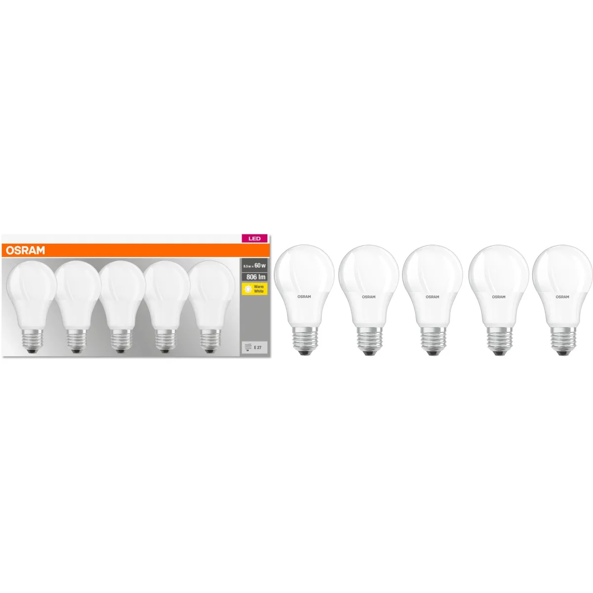 Osram Base matt műanyag búra, 8,5W, 806lm, 2700K, E27 LED körte izzó 5 db