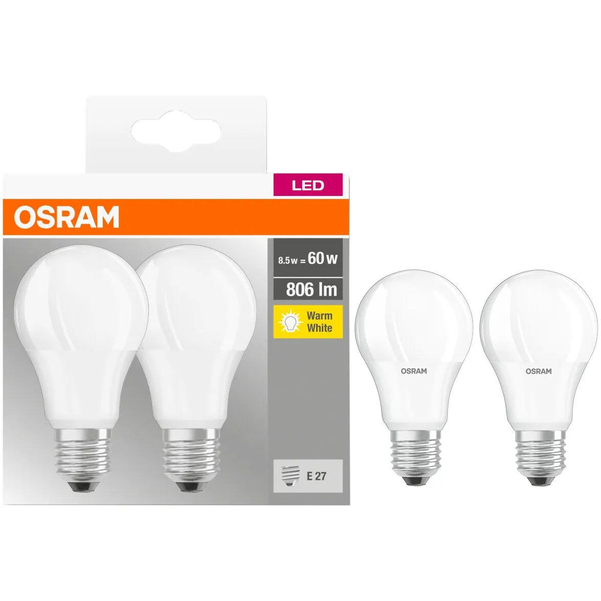 Osram LED körte izzó 2 db, A60, E27, 8.5 W (60W), 806 lm, 2700K, Meleg fehér