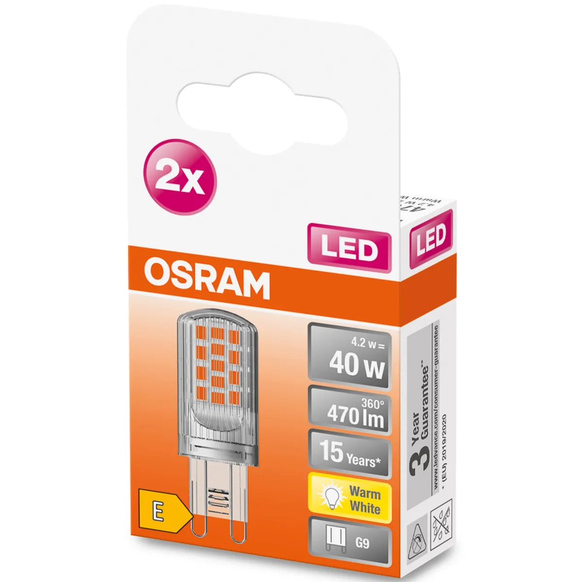 Osram Pin CL40 LED Izzó készlet, 2 db, G9, 3.8W (40W), 470 lm, meleg fényű