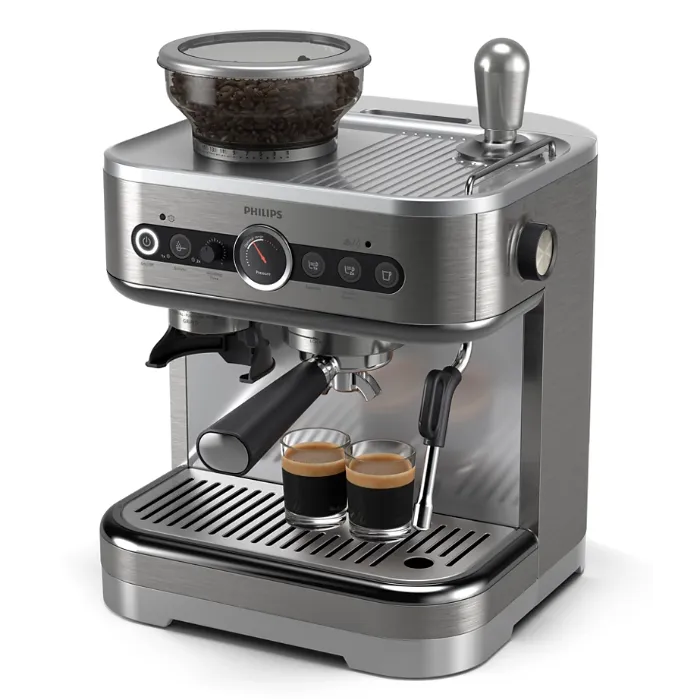 Philips Barista Brew PSA3218/01 eszpresszó kávéfőző, Félautomata fém kúpos darálóval, 15bar, 250g kávébab tartály, Prémium kalibrált tömítés, Temperature Perfection tejeskanna, 58 mm-es rozsdamentes acél szűrő, Ezüstmetál