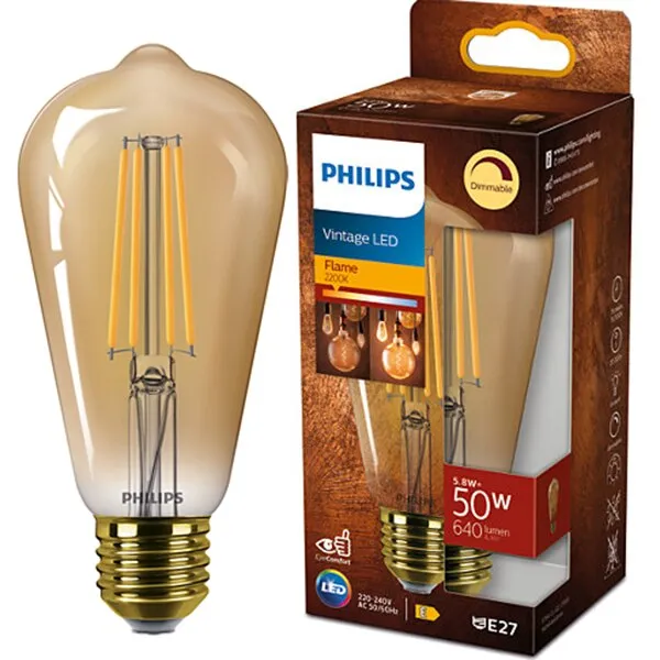 Philips ST64 vintage LED izzó, dimmelhető, E27, 5,8W (50W), 640 lm, meleg lángfény (2200K), Arany színű