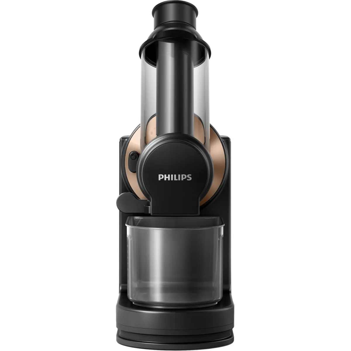 Philips Viva Collection HR1888/70 gyümölcs- és zöldségfacsaró, hidegen sajtolt, 150 W, 1 literes kapacitás, 0,75 literes péptartály, 70 mm-es adagolócső, fekete/arany