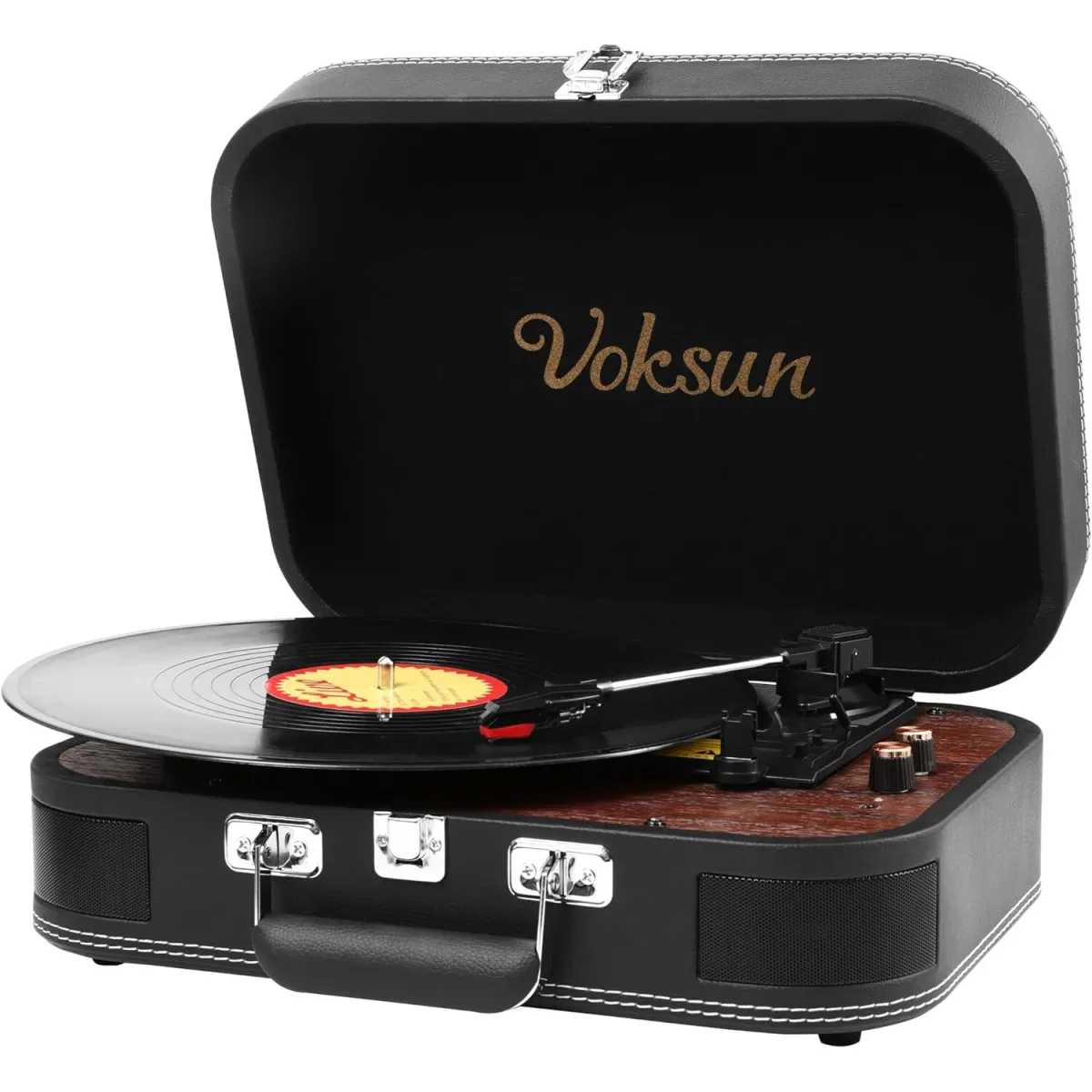 Pick-up Bluetooth lemezlejátszó 5.4, 3 sebesség 33/45/78 rpm, AUX, USB, 2 beépített sztereó hangszóró, 7/10/12 hüvelykes bakelithez, felvételi funkció, aktatáska kialakítás, fekete