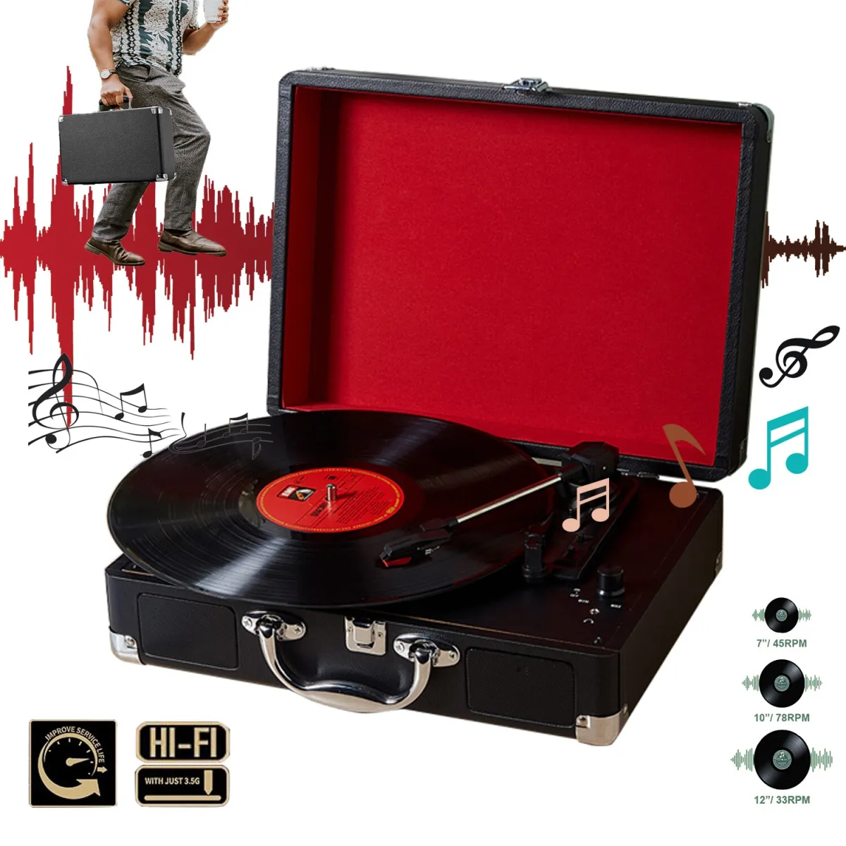 Pick-Up, Puepoul, Retro táska kialakítás, Bluetooth, beépített hangszórók, AUX-IN, RCA kimenet, 3 sebesség, telepítést nem igényel, fekete szín