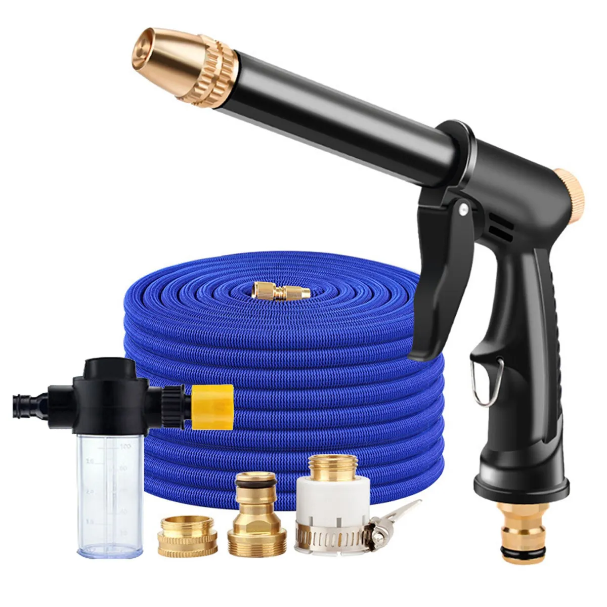 Pisztolykészlet nagynyomású mosóhoz, Yulinland, pisztollyal, tartozékadapter, 2,5 m-es tömlő, ergonomikus fogantyú, 4 különböző fúvóka, kerti tömlőcsatlakozással, autómosáshoz, udvari takarításhoz, szőnyegekhez, Fekete/Kék