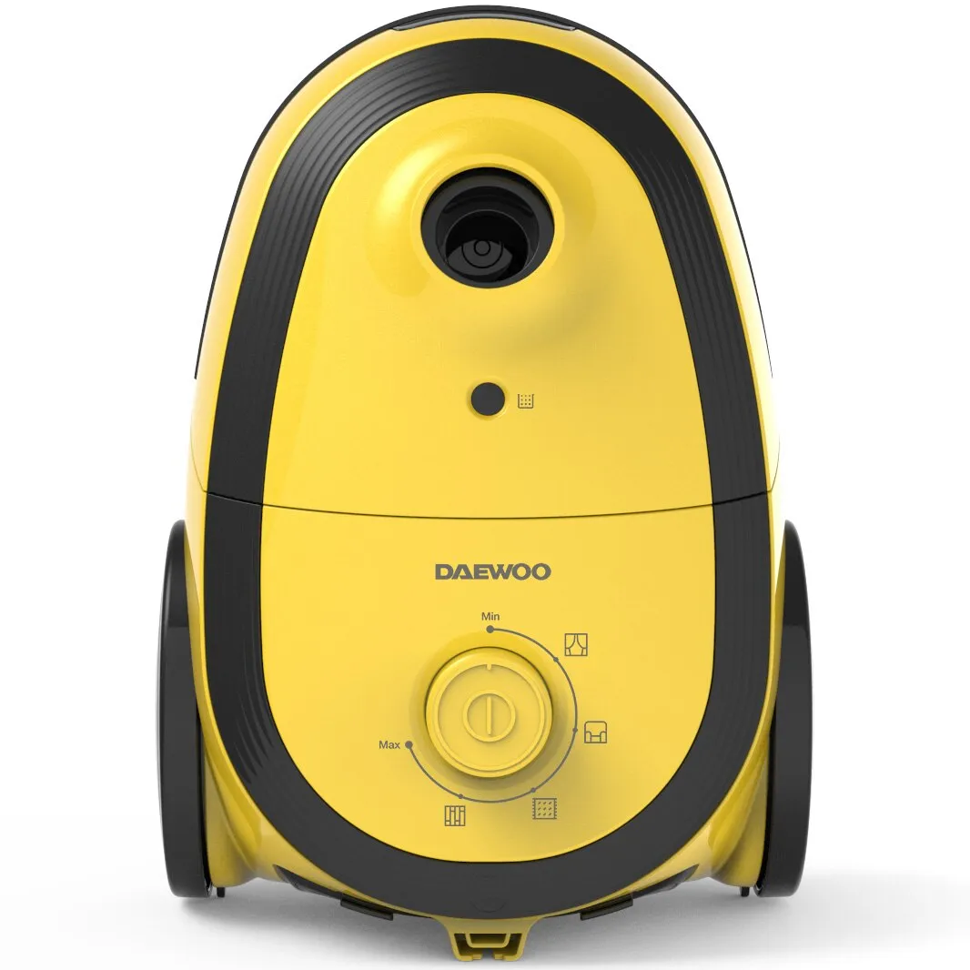 Porszívó táskával Daewoo RC-410Y-3, 700 W, textilzsák űrtartalma 2,5 liter, változtatható teljesítményszabályzó, teleszkópos cső, 360 fokban elforgatható tömlő, szabványos kefe + kiegészítők kárpitozáshoz és szűk helyekre, Sárga / Fekete