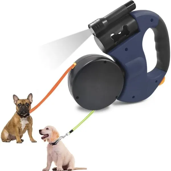 Poráz, csavarodásmentes, dupla, 3 méter hosszú, és 20 kg-ig terjedő súlyú kutyák számára készült, levehető LED lámpával és táskaadagolóval - PAWDUO