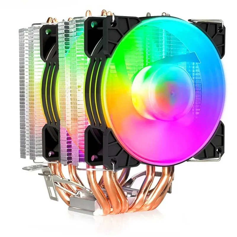 Processzorhűtő, YANX, CPU dupla ventilátor RGB-vel, 6 hőcső, 4 PIN, kompatibilis Intel/AMD, többszínű