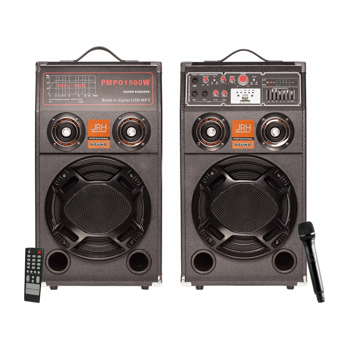 Professzionális aktív hangszórók JRH 240 W, Bluetooth, FM rádió, USB, Kártya, Aux-in, Beépített mixer, Party fények, Vezeték nélküli mikrofon, Távirányító