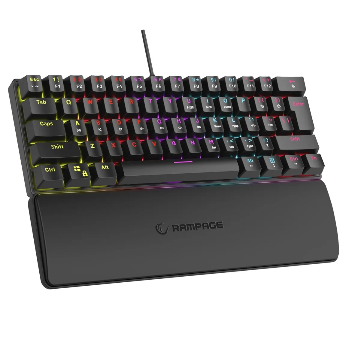 Rampage PLOWER K60 mechanikus játék billentyűzet, csuklótámasz, US Layout, Switch kék, fekete