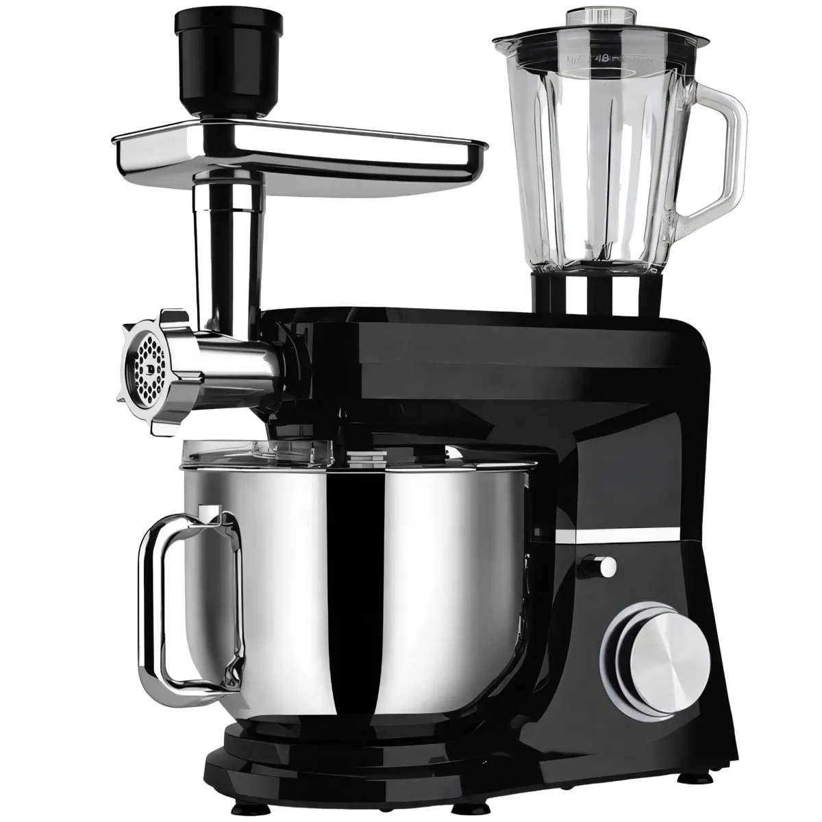 RETOO CookMaster 5 az 1-ben konyhai robotgép húsdarálóval és üveg turmixgéppel, 3200 W, 6 literes rozsdamentes acél tál fröccsenésgátló fedél, tapadókorongos lábak, 6 sebesség, impulzus funkció, bolygómozgás, spatula, horog, habverő és lapát, fekete