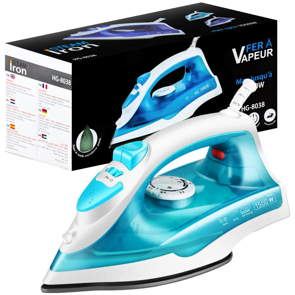 Retoo gőzölős vasaló öntisztító funkcióval és teflon borítású vasalótalppal, 1200 W, 150 ml-es tartály, 130 cm-es forgókábel, kék-fehér