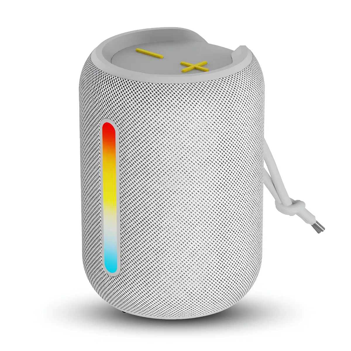 ROTTER® hordozható hangszóró, Bluetooth 5.4, könnyen szállítható, vízálló IPX6, 12 óra üzemidő, vezeték nélküli, kiegyensúlyozott mélyhang, dupla hangszóró, TWS, 360°-os hangzás, HD hang, FM rádió, RGB világítás, USB-C, TF kártya, kompakt, fehér