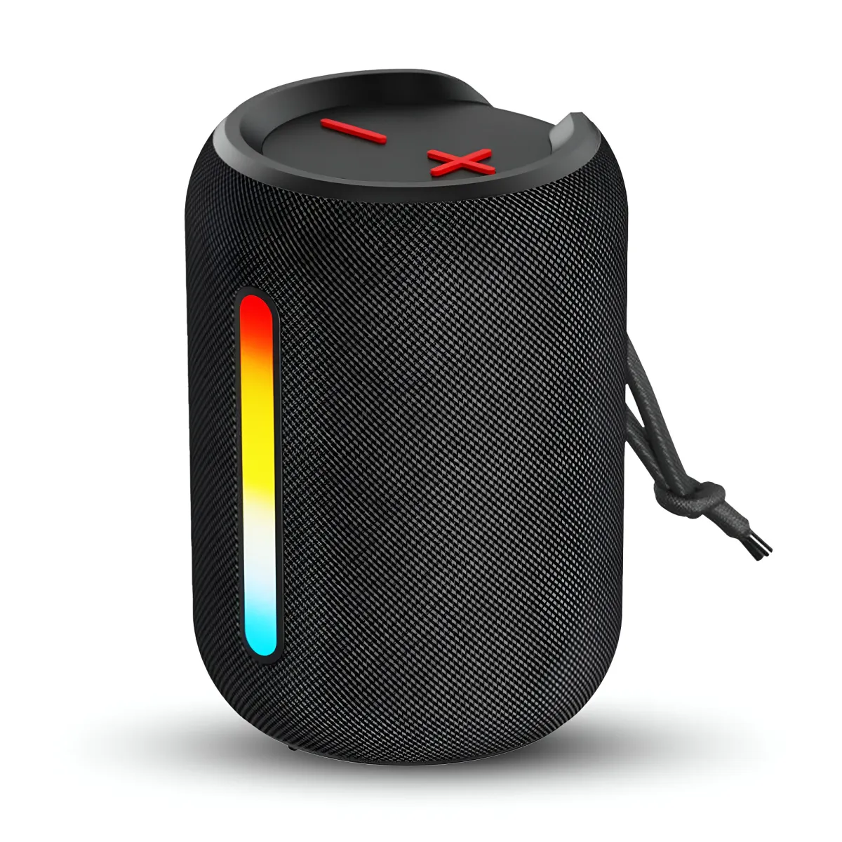ROTTER® hordozható hangszóró, Bluetooth 5.4, könnyen szállítható, vízálló IPX6, 12 óra üzemidő, vezeték nélküli, kiegyensúlyozott mélyhang, dupla hangszóró, TWS, 360°-os hangzás, HD hang, FM rádió, RGB világítás, USB-C, TF kártya, kompakt, fekete