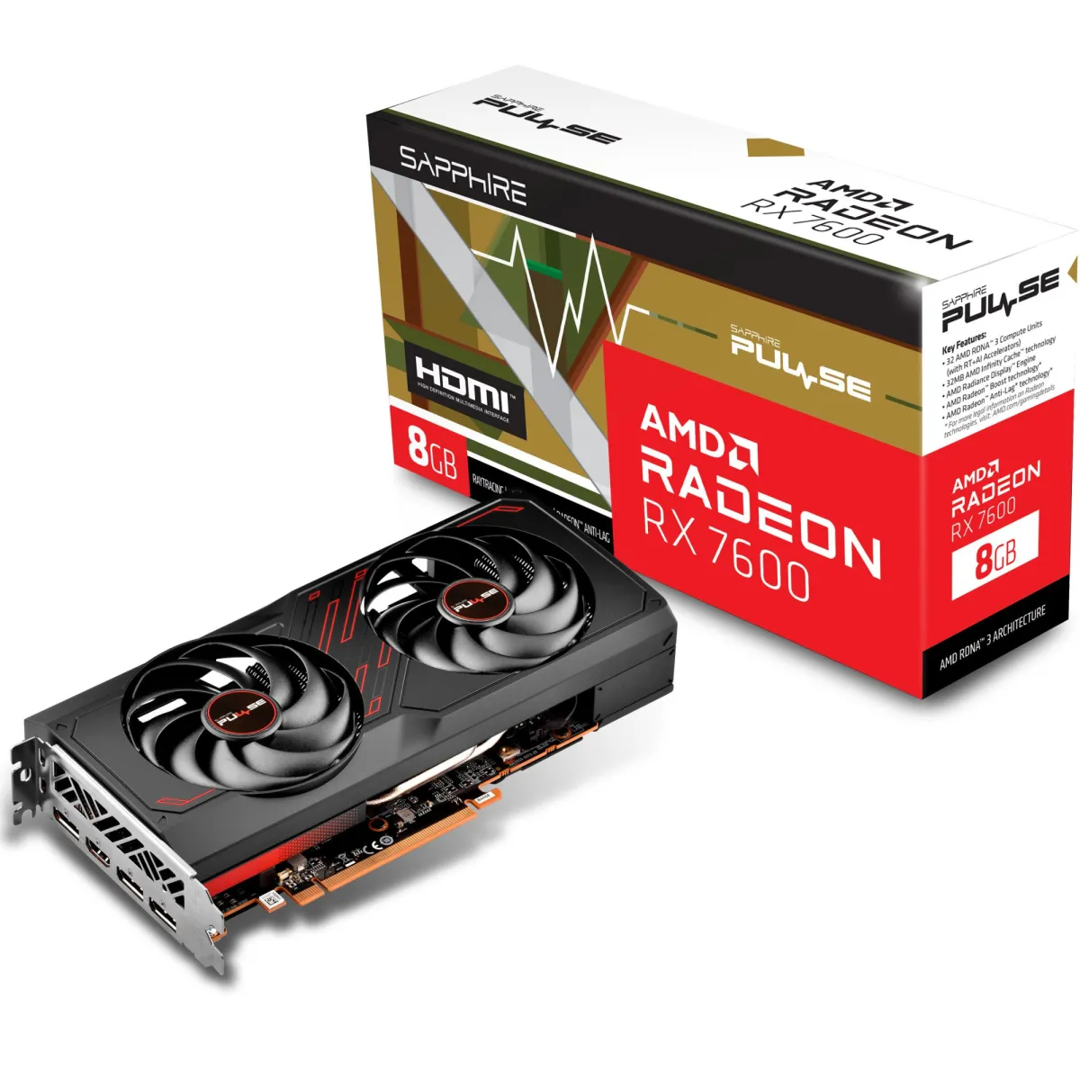 Sapphire Radeon RX 7600 Pulse videokártya, 8GB GDDR6, 128-bit