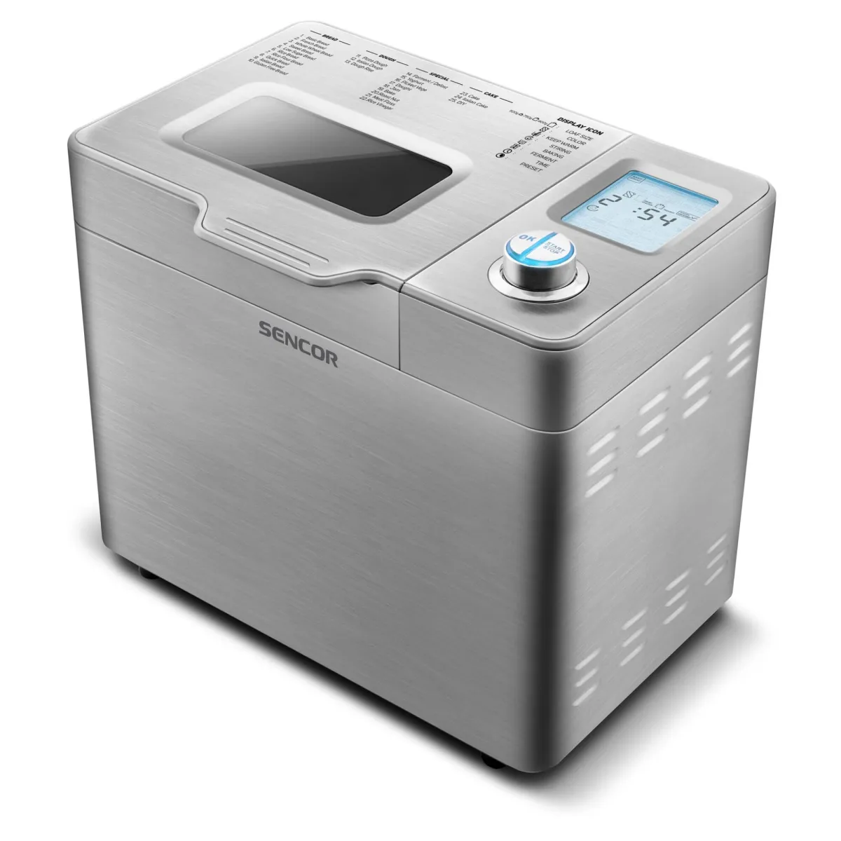 Sencor SBR 2000SS Kenyérsütő, 550W, 23 sütőprogram, időkapcsoló késleltetett sütéshez, 900g kenyér kapacitás, rozsdamentes acél
