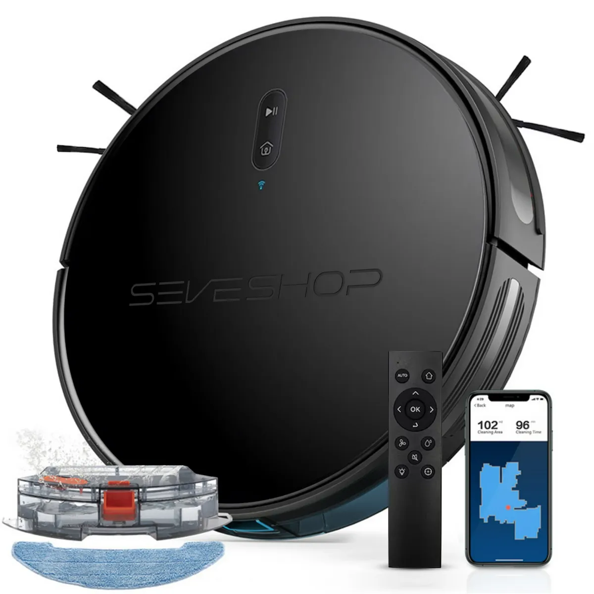 SeveShop Porszívó és Mosórobot, WiFi Képes, Felmosó Funkció, 2600 mAh Akkumulátor, Távirányítás Alkalmazáson Keresztül, Automatikus Erőnövelő Technológia, Intelligens Porszívózás és Tisztítás, Feketerigó