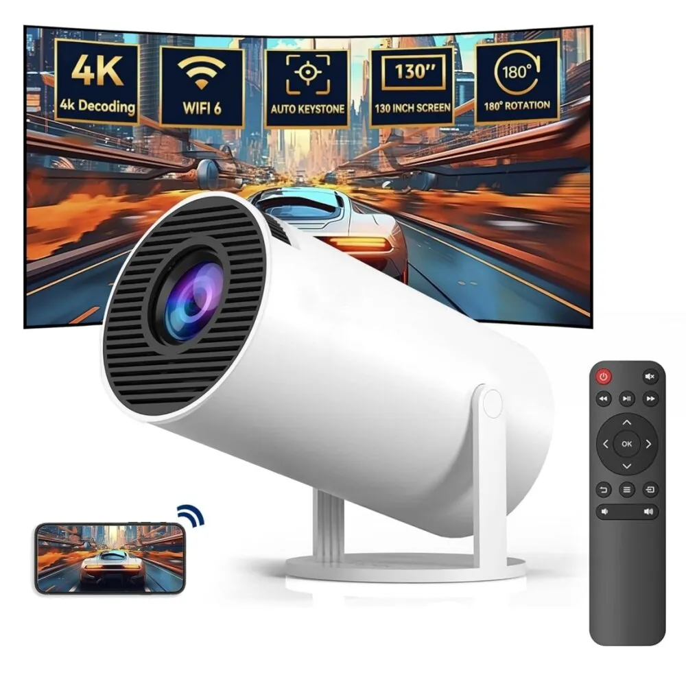 Smart HY300 hordozható videoprojektor, WiFi 6 és Bluetooth 5.0, beépített HiFi hangszórók, DMI csatlakozás, 4K Full HD 1080P Hordozható projektor 180°-ban forgatható, Android 11, 8G, Kompatibilis TV-vel, Laptoppal, Okostelefonnal, távirányító