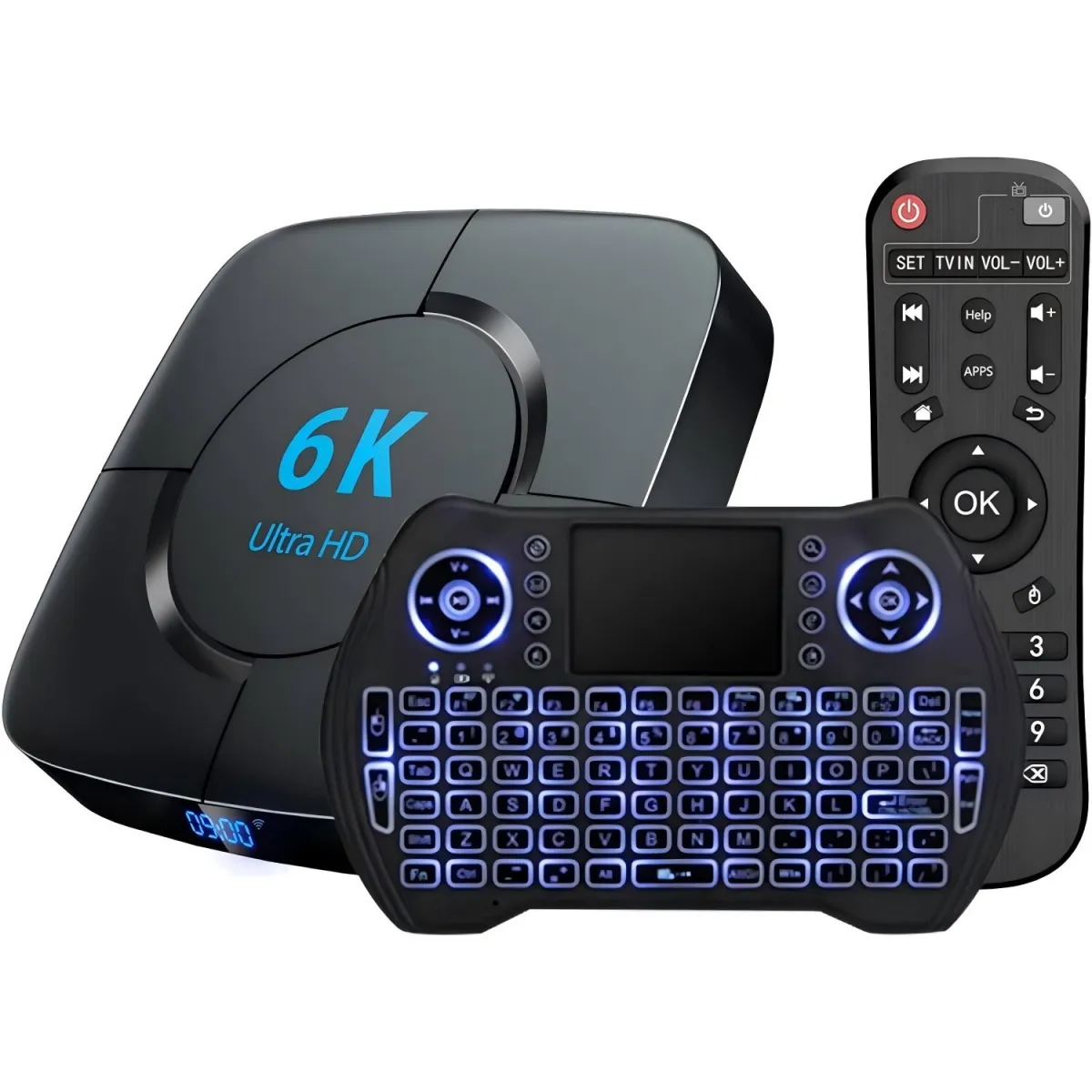 Smart TV box, 6K Ultra HD, Billentyűzettel, Négymagos ARM Cortex-A53, Android 12.0, 2.4G/5.8G Dual Wi-Fi, RAM 2GB, ROM 16GB, 100M Ethernet, USB 3.0, BT 5.0, HDR10+, hangalapú keresés , Excitat, fekete
