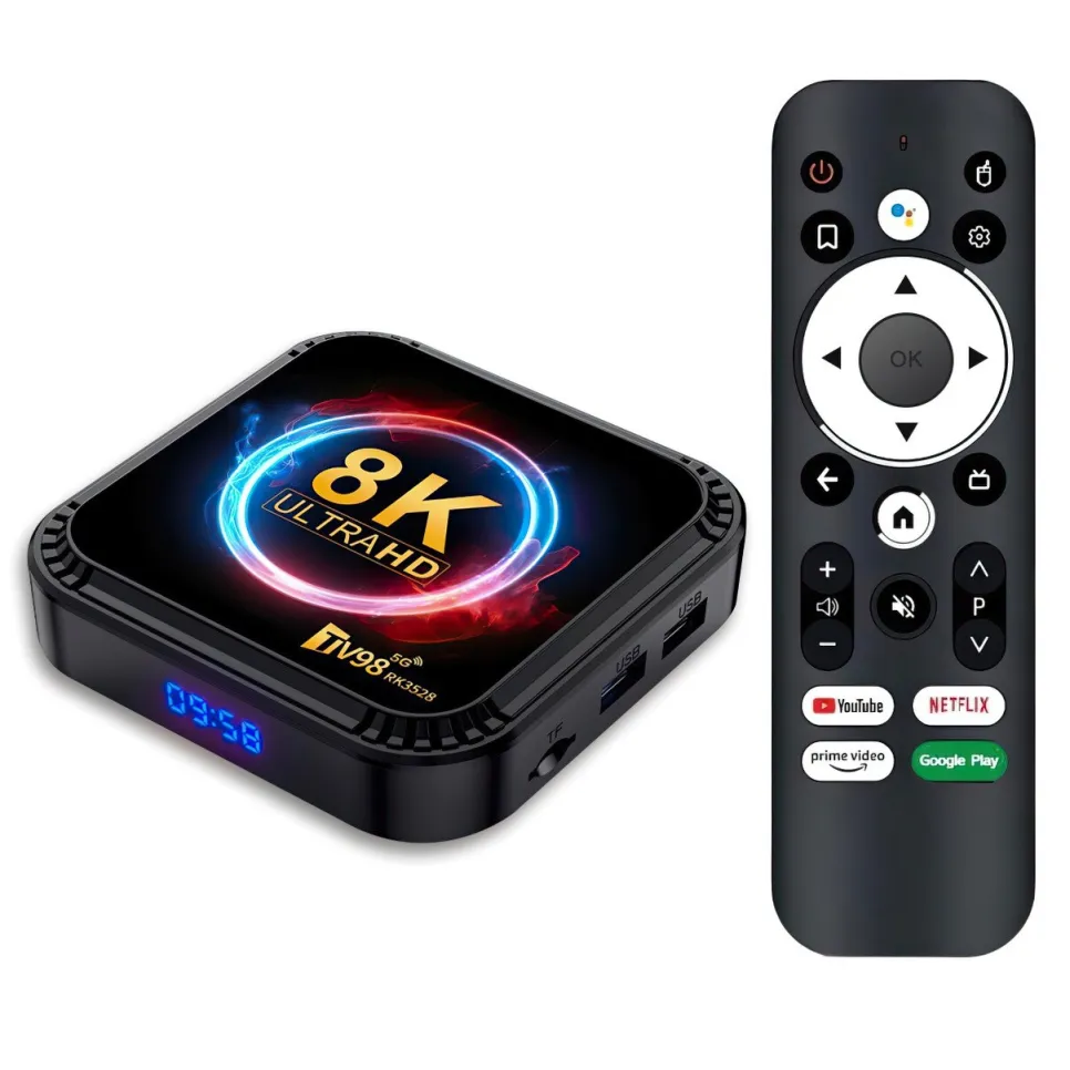 Smart tv box, 8K Ultra HD, négymagos ARM Cortex-A53, Android 13.0, 2.4G/5G Dual Wi-Fi, RAM 4GB, ROM 32GB, 100M Ethernet, USB 3.0, BT 5.0, HDR10+, hangalapú keresés, billentyűzettel, Fekete/Arany