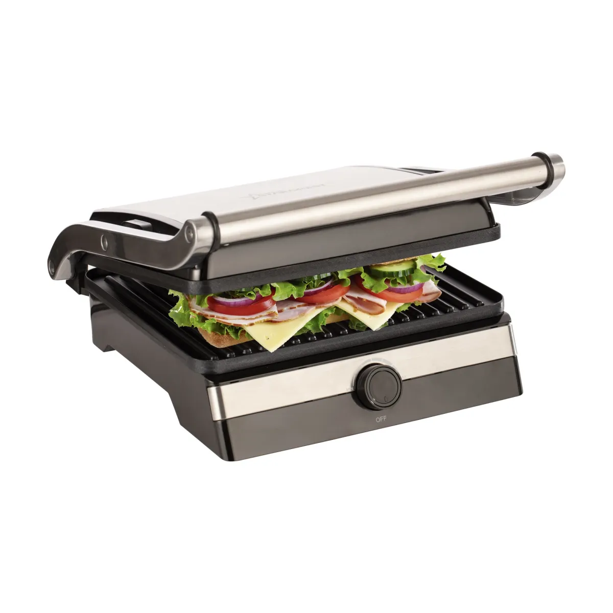 STARCREST SGR-2923 elektromos grill, 2000 W, Grilllapok, Nyitás 180°, Főzőfelület 29 x 23 cm, Állítható termosztát, Rozsdamentes acél / Fekete