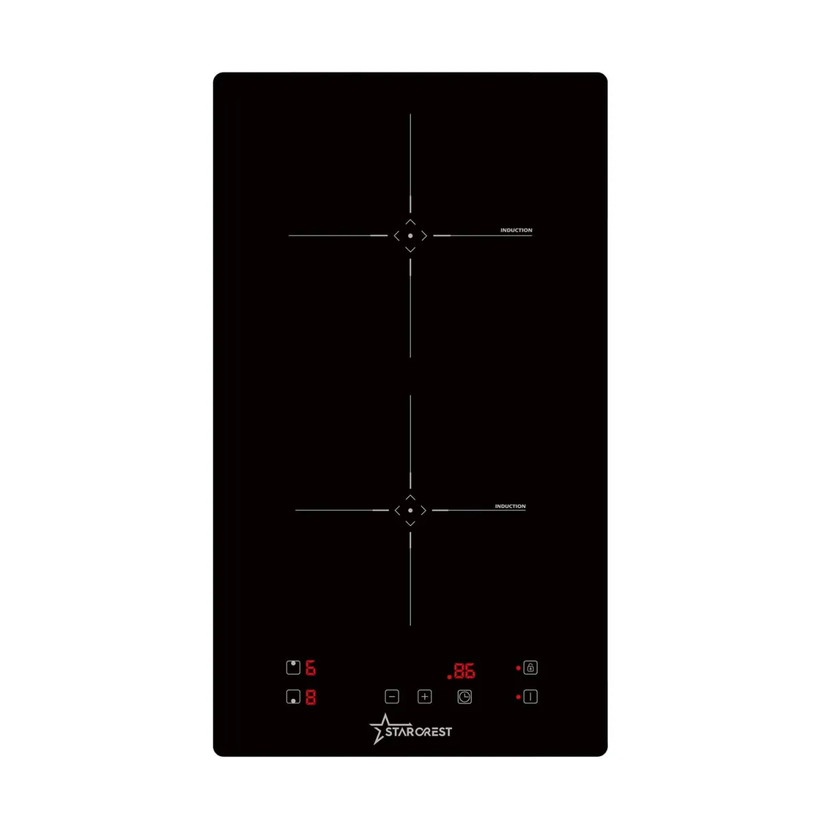 STARCREST SIH-3030 Beépíthető indukciós főzőlap, 3300W, 2 főzőzóna, 9 teljesítményfokozat, Érintővezérlés, Időzítő, Fekete üveg