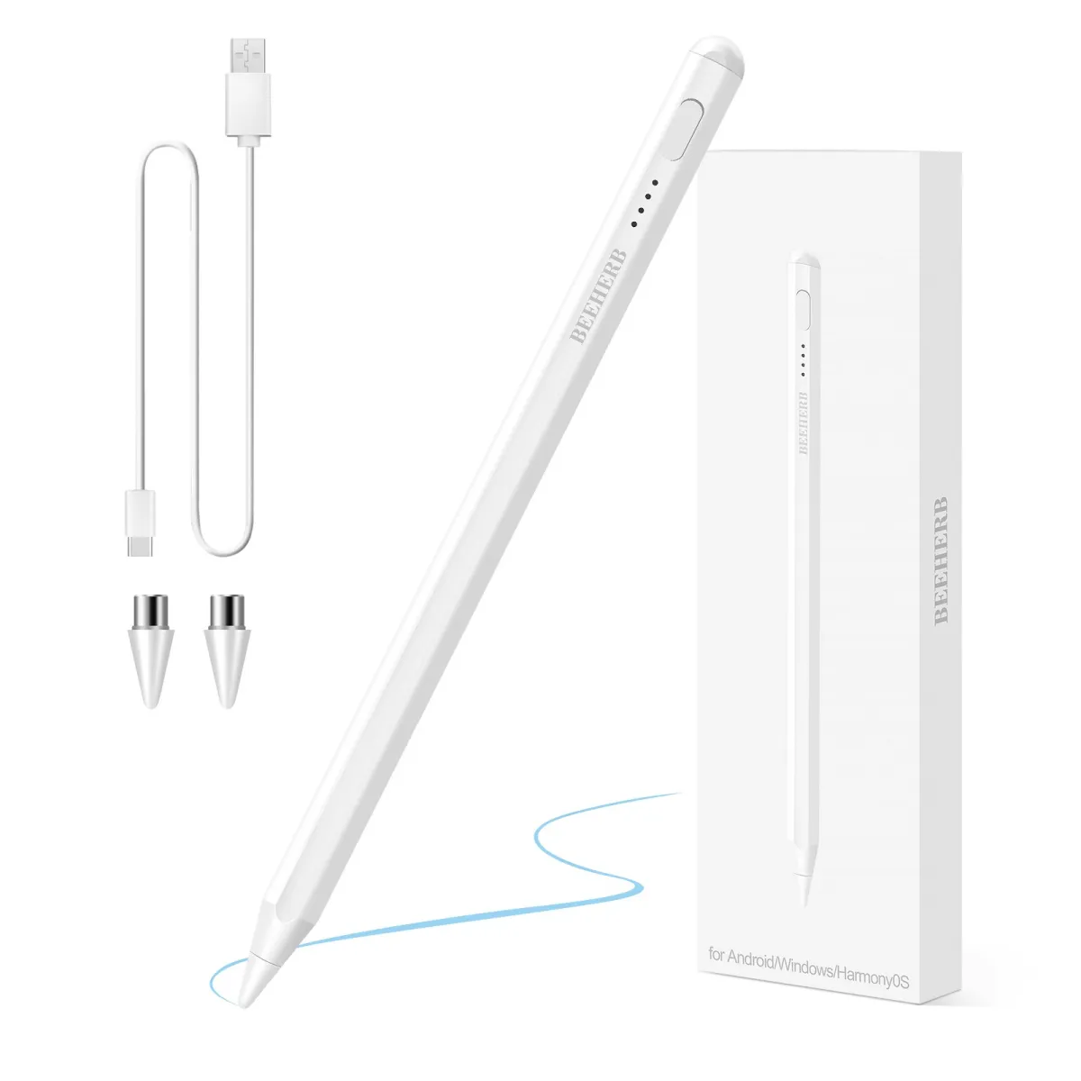 Stylus Pen Universal, Beeherb®, Android és Windows mobiltelefonokhoz vagy táblagépekhez, Apple mobiltelefonokhoz, Mágneses, USB-C gyorstöltés, Hosszú készenléti idő, Fehér