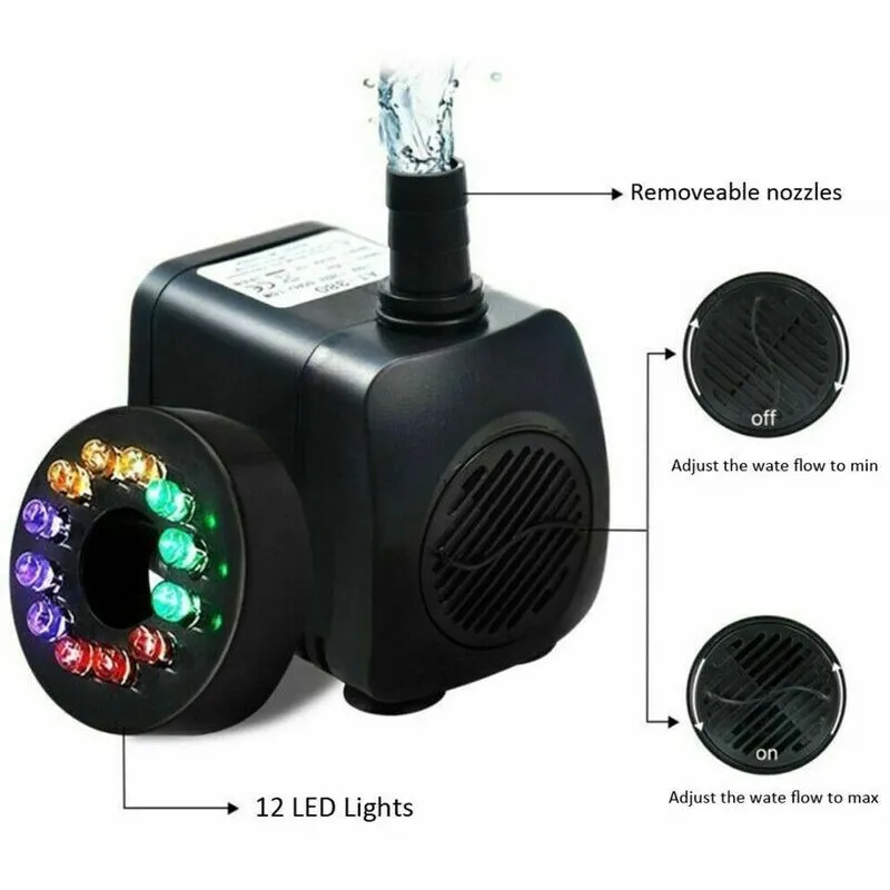Szökőkút szivattyú 15W, 800L/h, 12 LED-del, méretek 72x54x63mm, akváriumokhoz és tavakhoz
