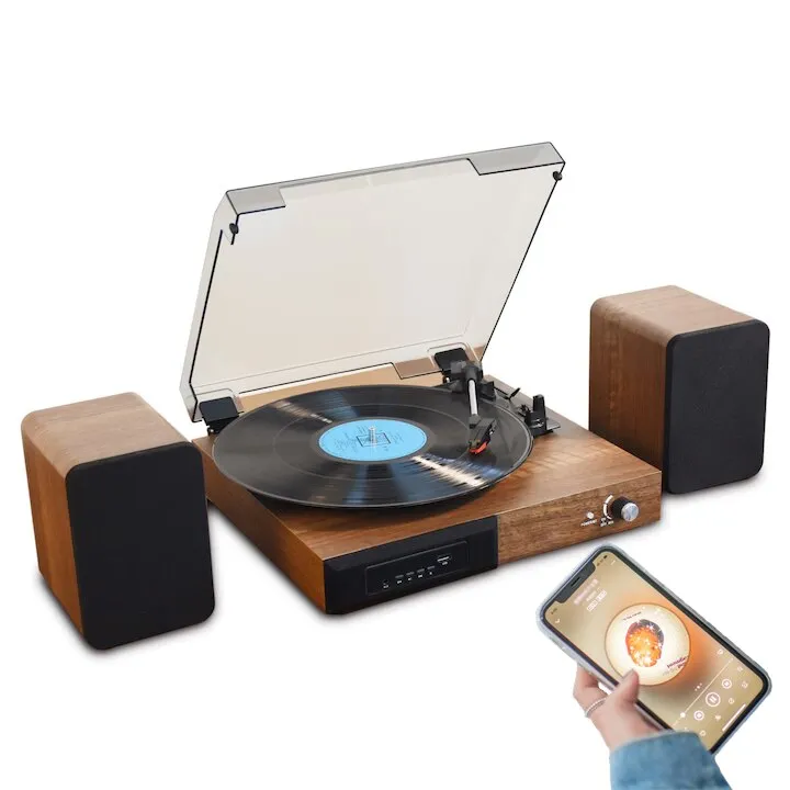 Sztereó lemezjátszó, Hangszórók, Bluetooth, AUX, 3 sebesség, Fa
