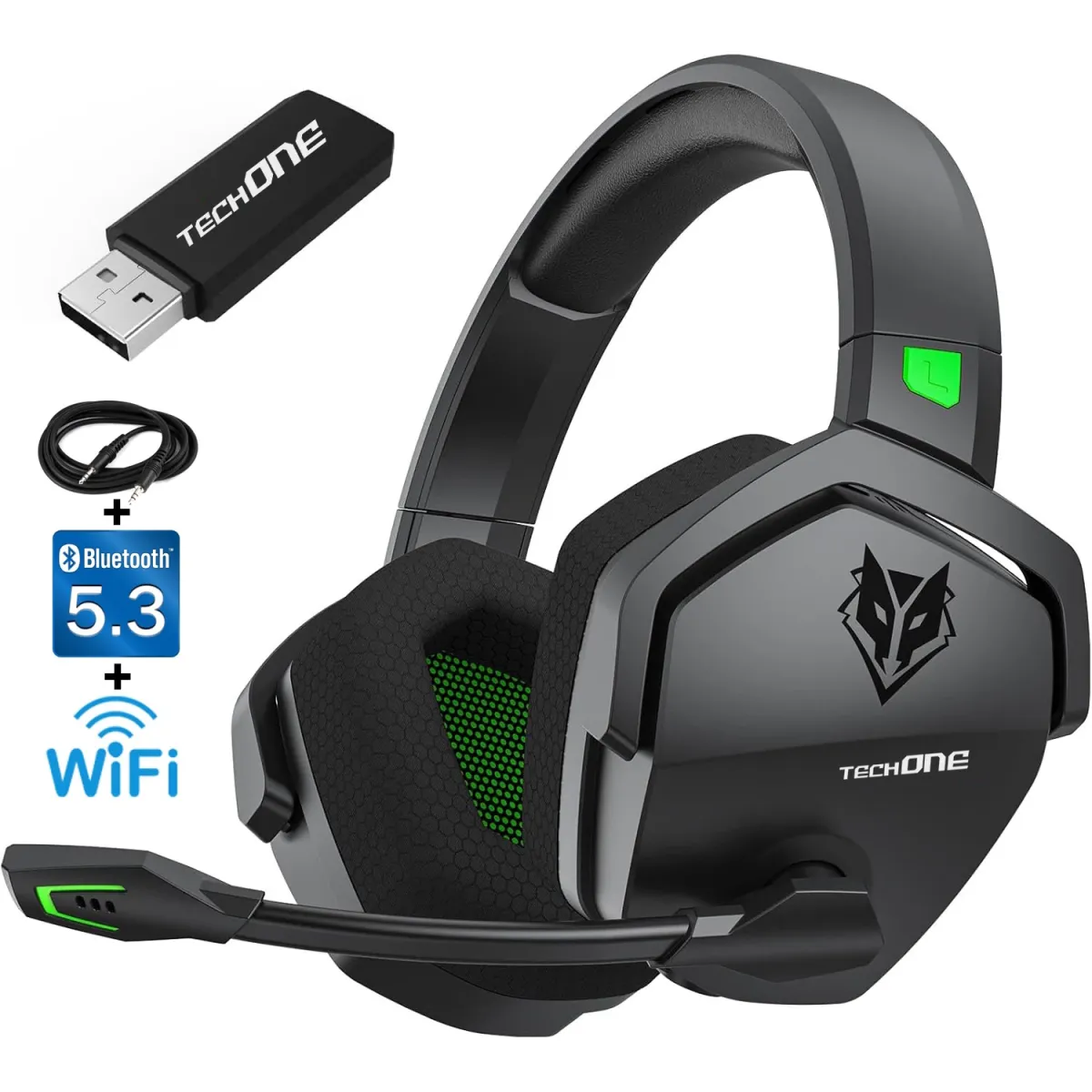 Techone SoundForge GX G06-BT Pro Wireless professzionális játékfejhallgató, egyirányú mikrofon, C típusú, PS4, PS5, Xbox, PC, 2,4 GHz-es vezeték nélküli kapcsoló + BT, Virtual Surround 3D, 50 mm-es hangszóró, hangszigetelés, 2000 mAh, 96 dB, fekete