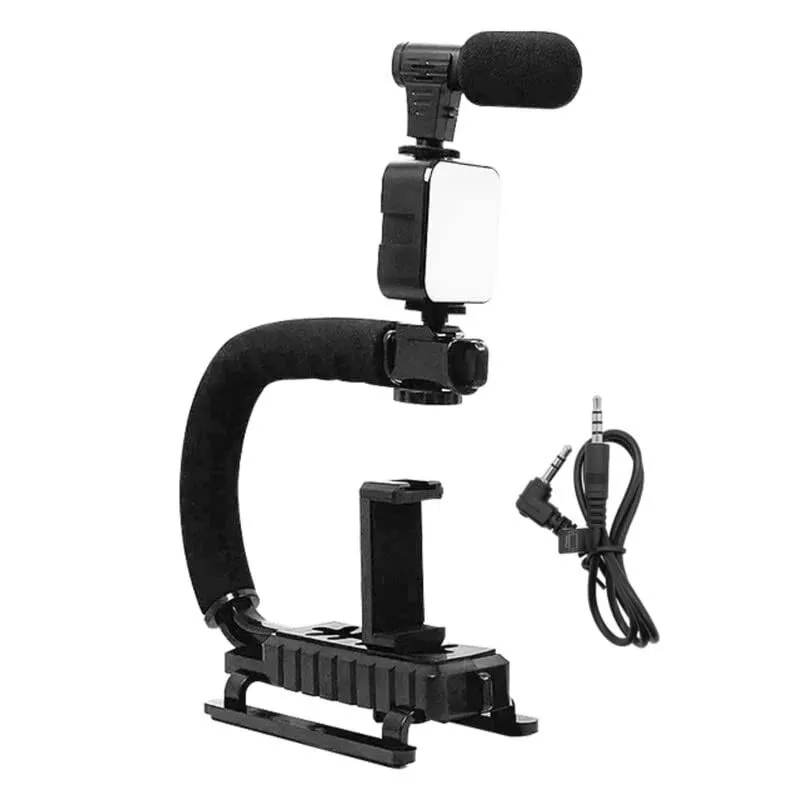 Telefon / kamera képstabilizátor vlogoláshoz / podcasthoz távirányítóval, LED lámpával és mikrofonnal