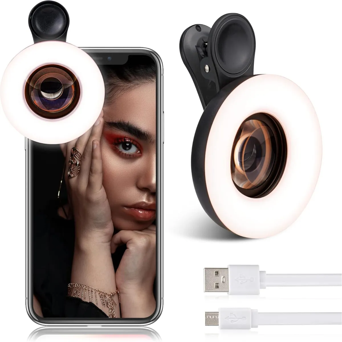 Telefon makró lencse, Makró objektív iPhone-hoz és Androidhoz mini klippel és LED lámpával, hordozható, újratölthető, 15X, 3 fénymód