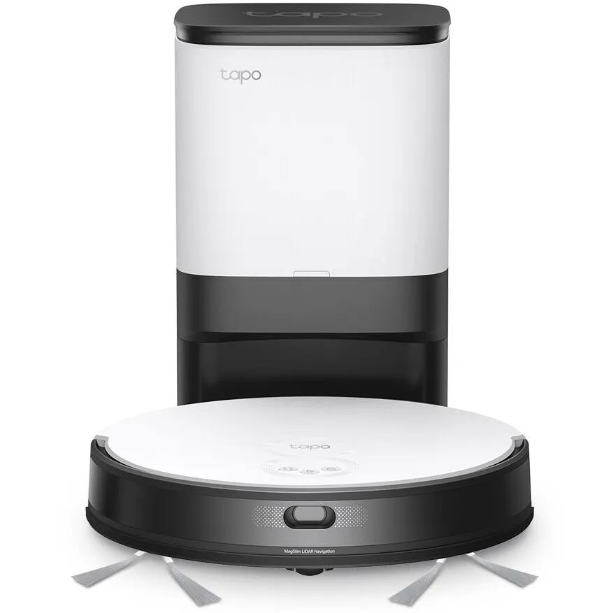 TP-Link Tapo RV20 Mop Plus porszívó, porszívó és felmosó állomás, MagSlim LiDAR rendszer, 2700 Pa, Ultra-Slim 7,8 cm, autonómia akár 3 óra, 2600 mAh, víztartály 300 ml, automatikus ürítés - 4 literes űrtartalom, csendes szívás, fekete/fehér