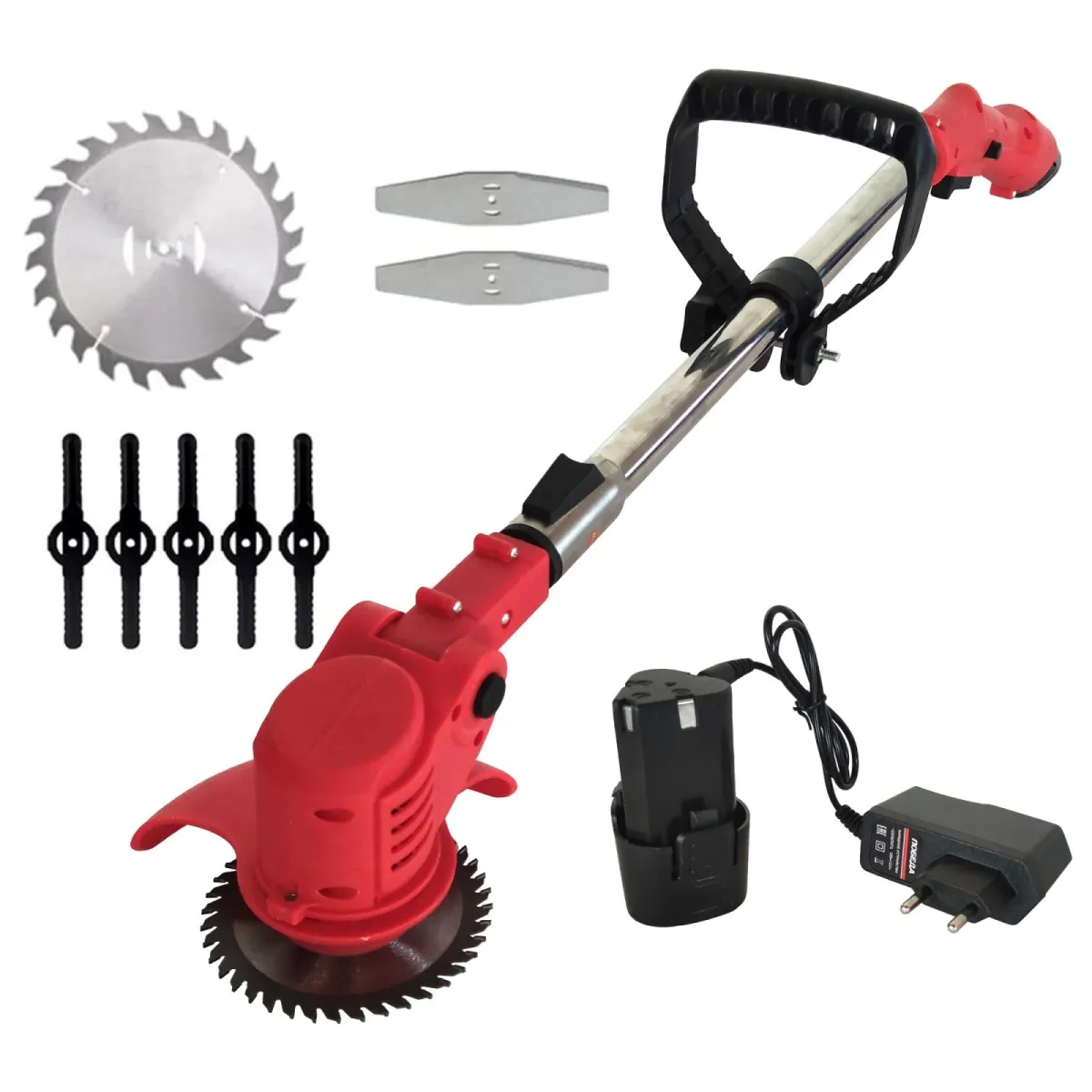Trimmer (elektromos fűnyíró) DDT, 1 db 12V-os akkumulátor, piros