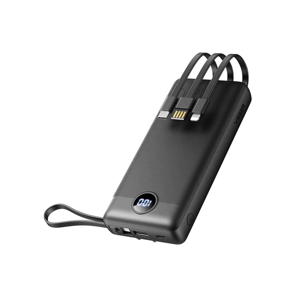 Veger C20 Külső akkumulátor, 20000 mAh, Type C & Lightning & MicroUSB és beépített USB kábelek, LED kijelző