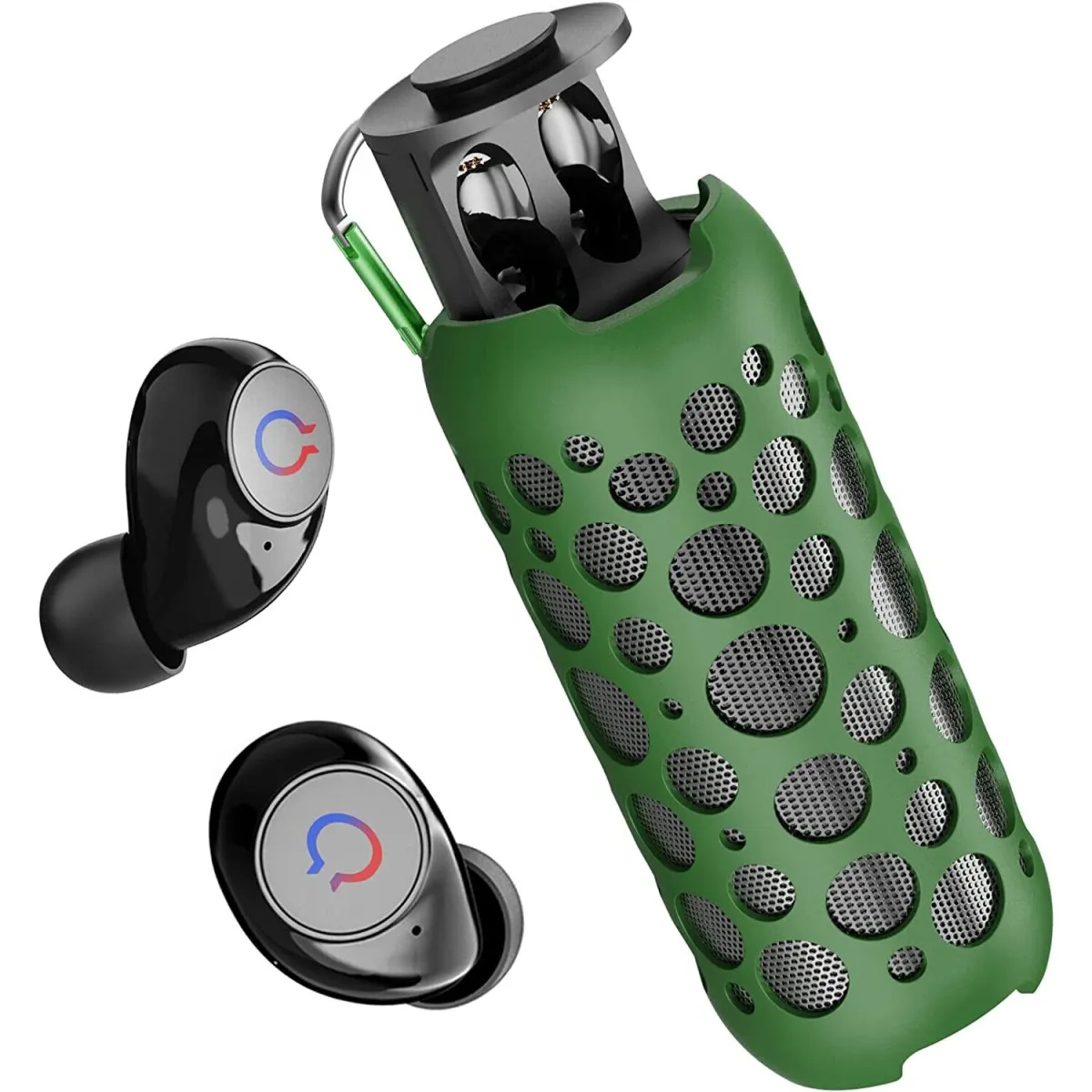 Vezeték nélküli hordozható hangszóró beépített bluetooth fejhallgatóval, HI-FI sztereó, 360°-os térhangzás, RGB led, zöld