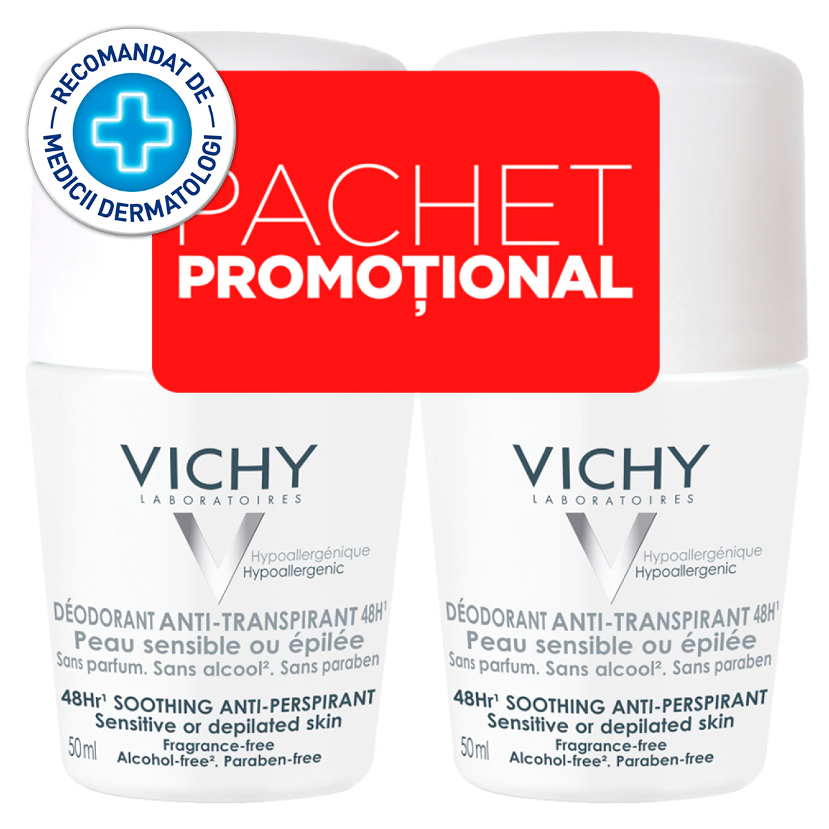 Vichy promóciós csomag: izzadásgátló golyós dezodor parfüm nélkül, 48 órás hatás, 50 ml, 1 + 1-50%