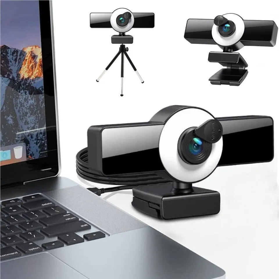 Webkamera, 4K Full HD, 8 MP webkamera, mikrofon, dupla sztereó zajcsökkentéssel, ideális konferenciákhoz és streaminghez, autofókusz, 3 féle állítható fény, 120°-os filmezési szög, állvány és adatvédő fedél mellékelve, Plug and Play